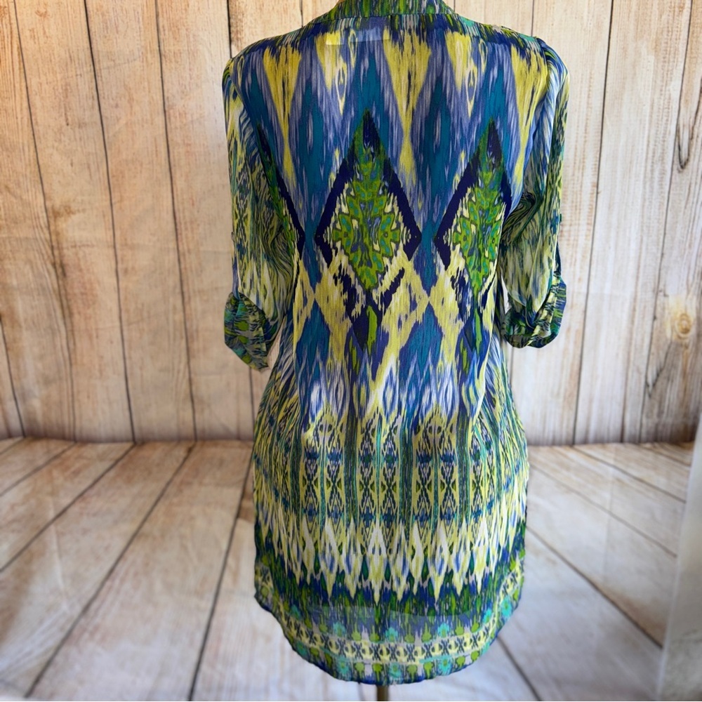CHICO'S Sheer Tunic Top, Blue & Green Patterned, Button Up Or Cardigan Sz 1 Or M - Picture 7 of 11